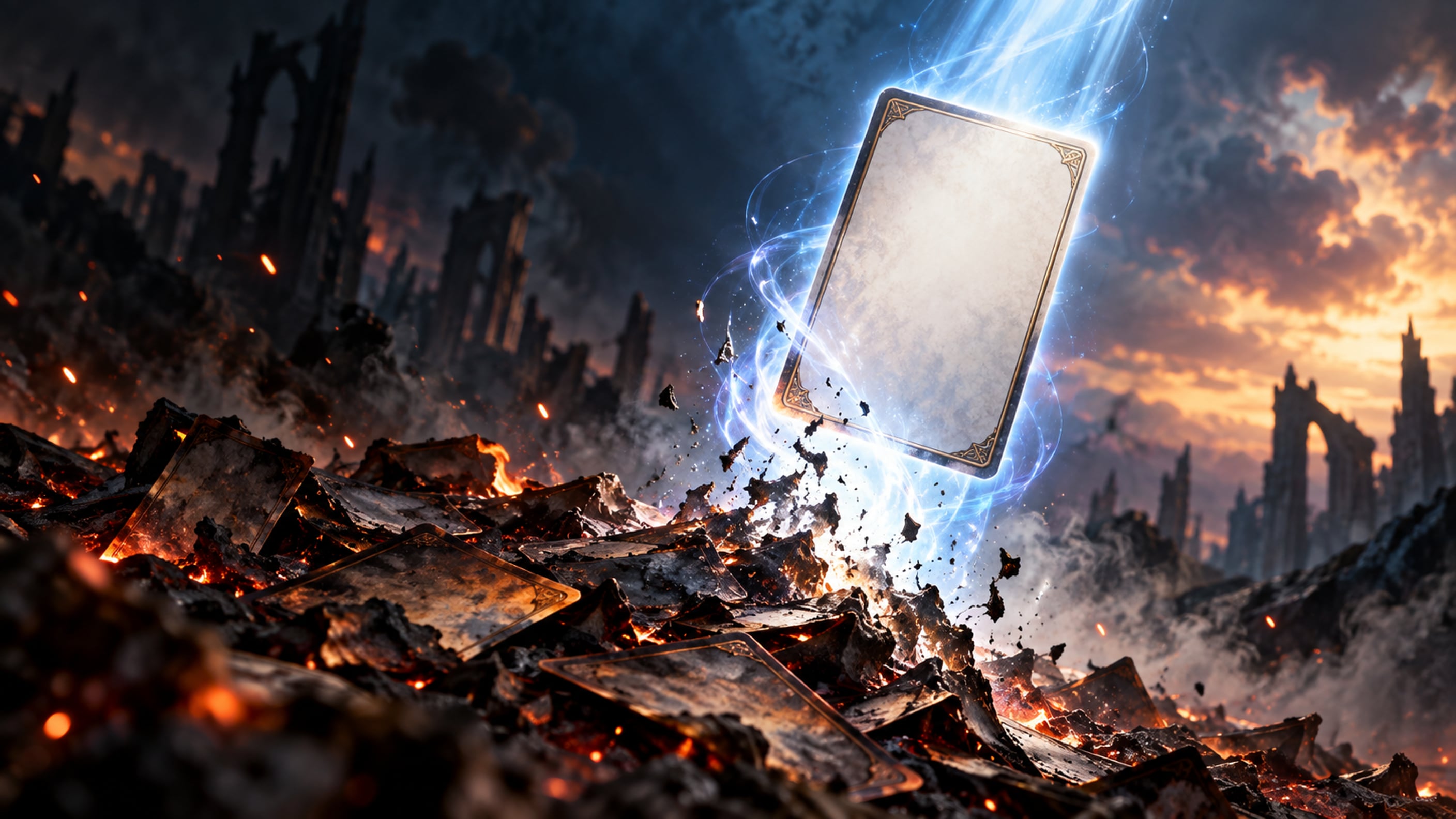 A blank fantasy card rising from ash and scorched cards in a trail of blue-white light